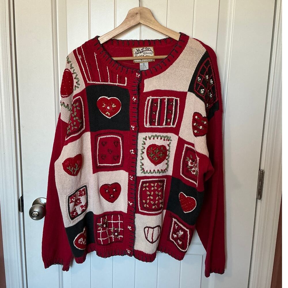 Vintage Heirloom Collectibles Wool Blend Valentines Cardigan XL Red/White